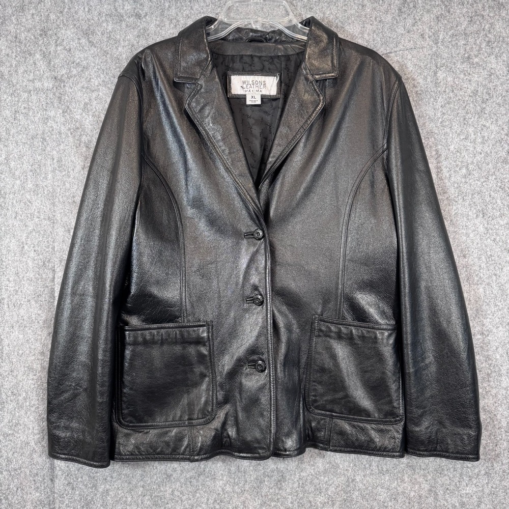 Wilsons Leather Maxima Black Jacket Blazer Fitted Womens XL Button Down